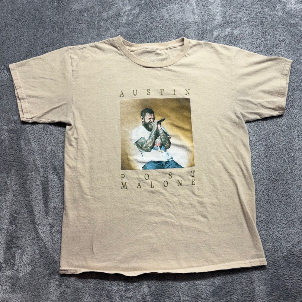 Post Malone Austin T-Shirt Mens Small Tan Good 2023 Tour Graphic Concert Tee